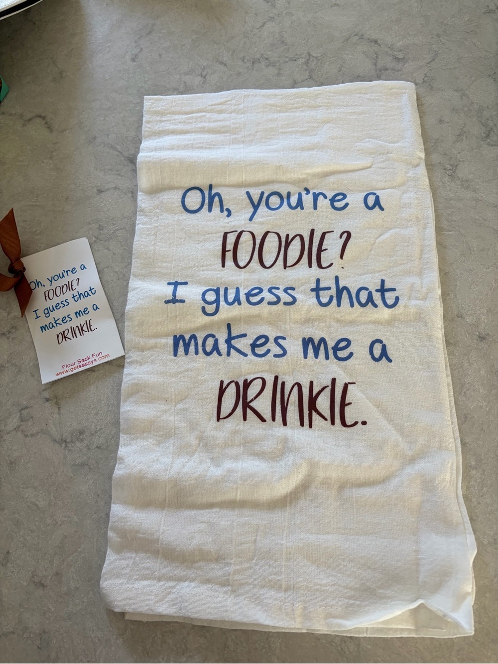 NWT/Funny 'Foodie /Drinkie' White Flour Sack Kitchen Tea Towel/100% cotton